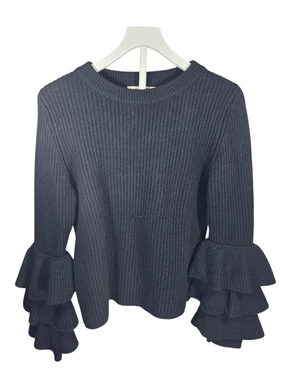the Cashmere Project Chunky Black Ribbed Sweater with Tiered Ruffle Sleeves